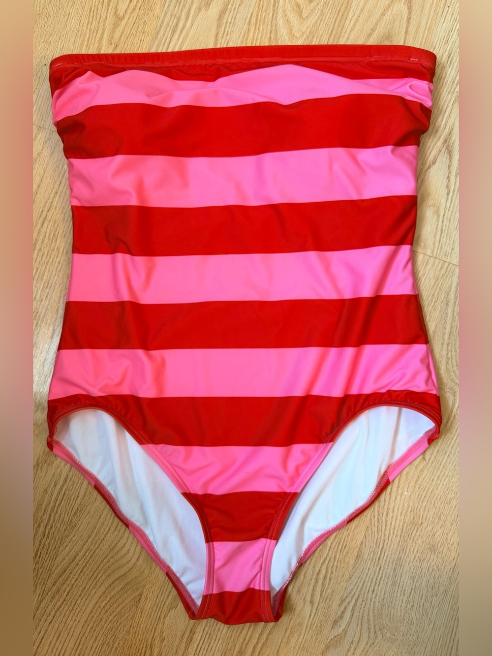 Kate Spade XL Bandeau One Piece Swimsuit Pink Red Stripe Strapless Retro